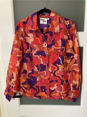 The Hippie Shake Retro 70s Abstract Floral Blouse Sheer Arms - Lined - Size US6